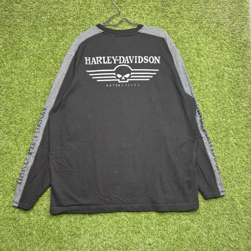 Harley Davidson Long Sleeve Shirt Mens 2XL Black Gray Skull Logo Sleeve y2k